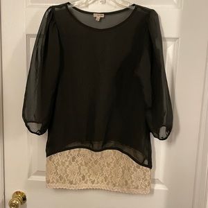 Sheer Black Top with Cream Lace Trim. Junior’s Size Medium.